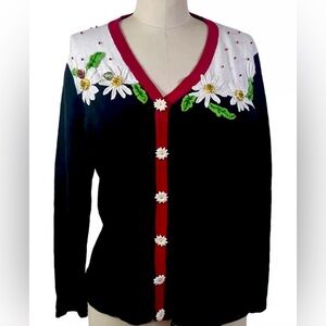 EUC Vintage Storybook Knits “Daisy Cottage” LS Black White Sweater Medium Gift